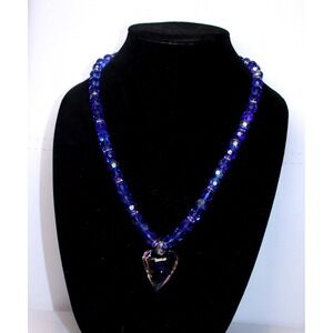 handcrafted beaded heart pendant necklace 23" blue glass statement
